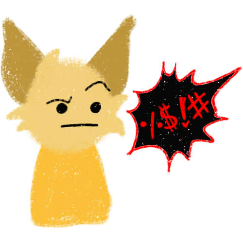 a yellow cartoon fox-like creature with a confused, suspicious face, next to the fox is a large, black spiky speech bubble filled with '%$!#' in red.